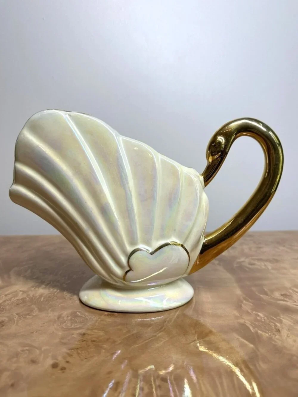 Vintage Lustreware Cornucopia Gravy Boat Swan Handle 22K Gold Trim Iridescent